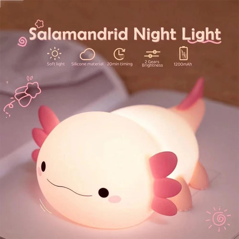 Cute Axolotl Night Light Silicone Nursery Sleeping Lamp Touch Control Nightlights USB Rechargeable Table Lamp for Baby Child Axolotl Night Light