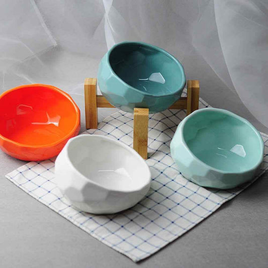 Ceramic Pet Bowl - Oblique Mouth Cat Dog Feeding Dish - Vezir