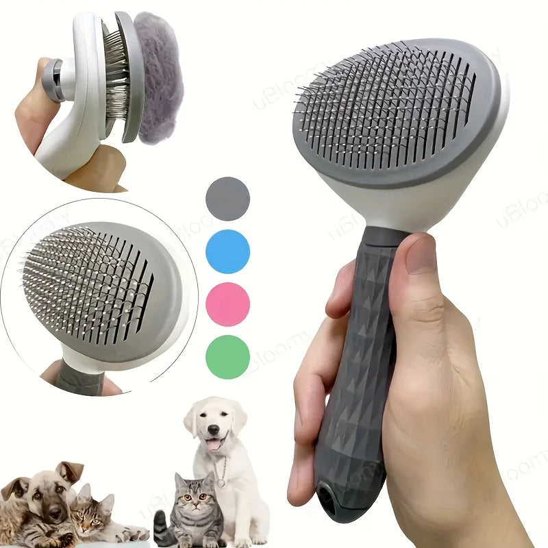 One-Click Pet Hair Removal Comb for Effortless Grooming of Dogs and Cats - Float Hair Removal Slicker Brush with Automatic Funct Pink Fine-Needle Comb