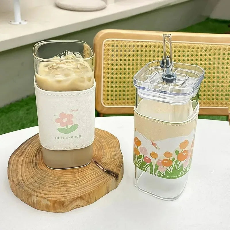 1Pcs Square Heat Resistant Coffee Glass Cup with Lid and Straw Transparent Milk Tea Juice Cups Coffee Mug for Home Bar Drinkware