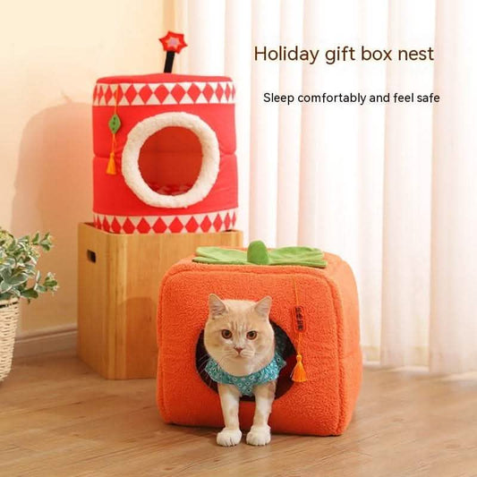 Lucky Persimmon Pet Nest - Festive Gift Box Cat House - Vezir