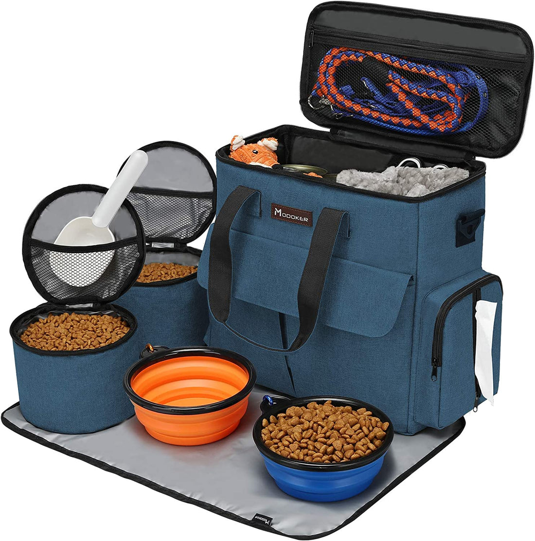 Dog Travel Bag, Weekend Pet Travel Set for Dog and Cat, Airline Approved Tote Organizer with Multi-Function Pockets, 2 Food Storage Containers, 2 Collapsible Bowls, 1 Feeding Mat (Blue) Blue