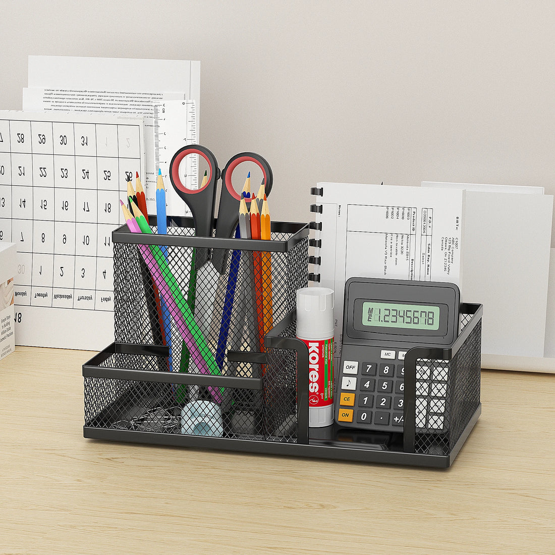 Black Mesh Desk Organizer - 3 Compartments with Pencil Holder & Storage Baskets, Tame Desktop Clutter Fast for Office Supplies