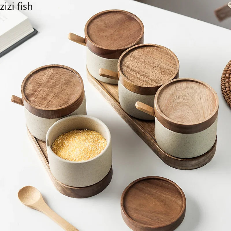 European Kitchen Spice Pepper Storage Bottle round Ceramic Seasoning Jar with Wooden Lid Salt Pepper Jar Kitchen Tools Porcelain