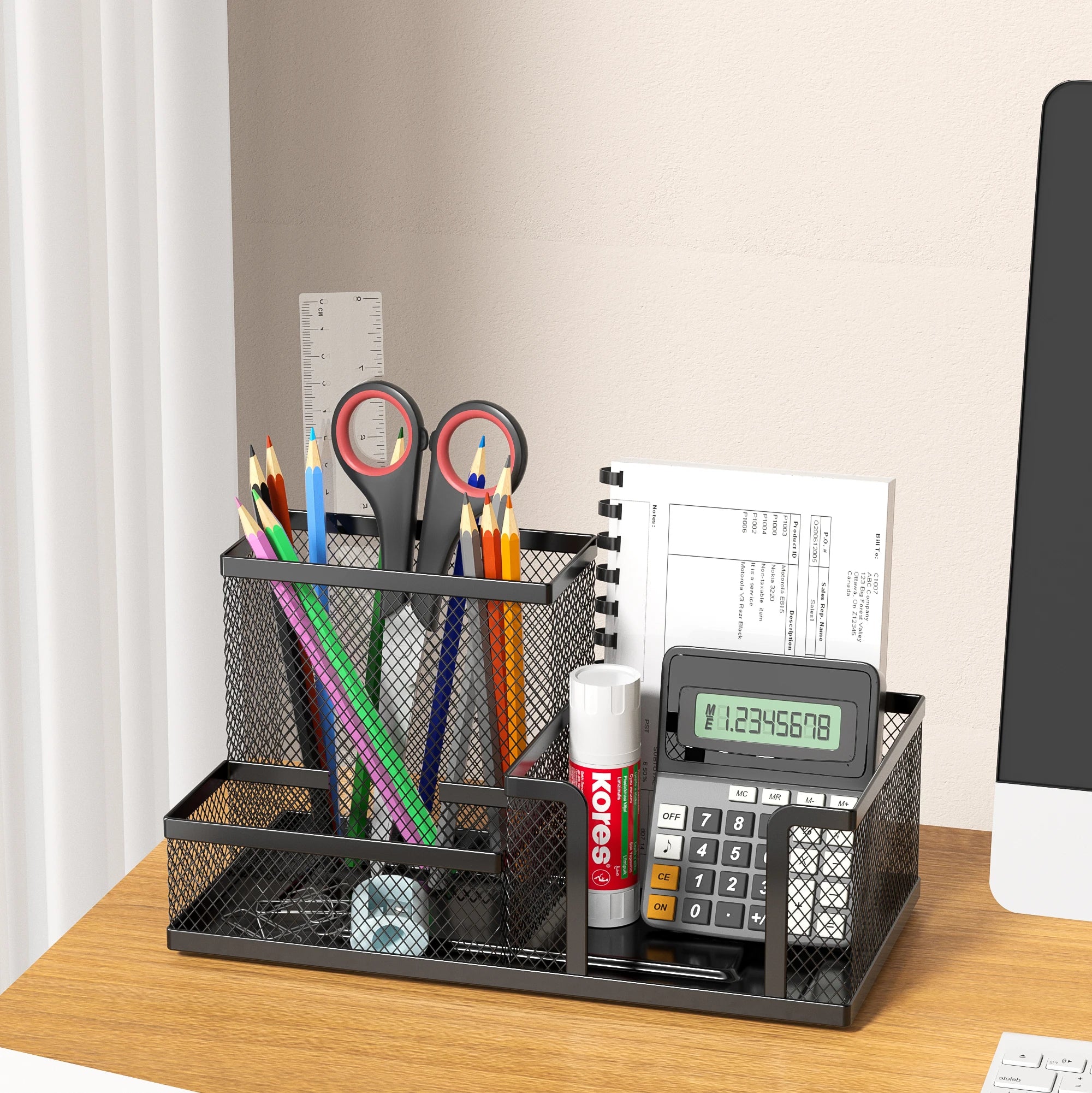 Black Mesh Desk Organizer - 3 Compartments with Pencil Holder & Storage Baskets, Tame Desktop Clutter Fast for Office Supplies