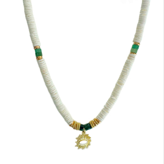 Solaana White Beaded Sun Necklace with Charm