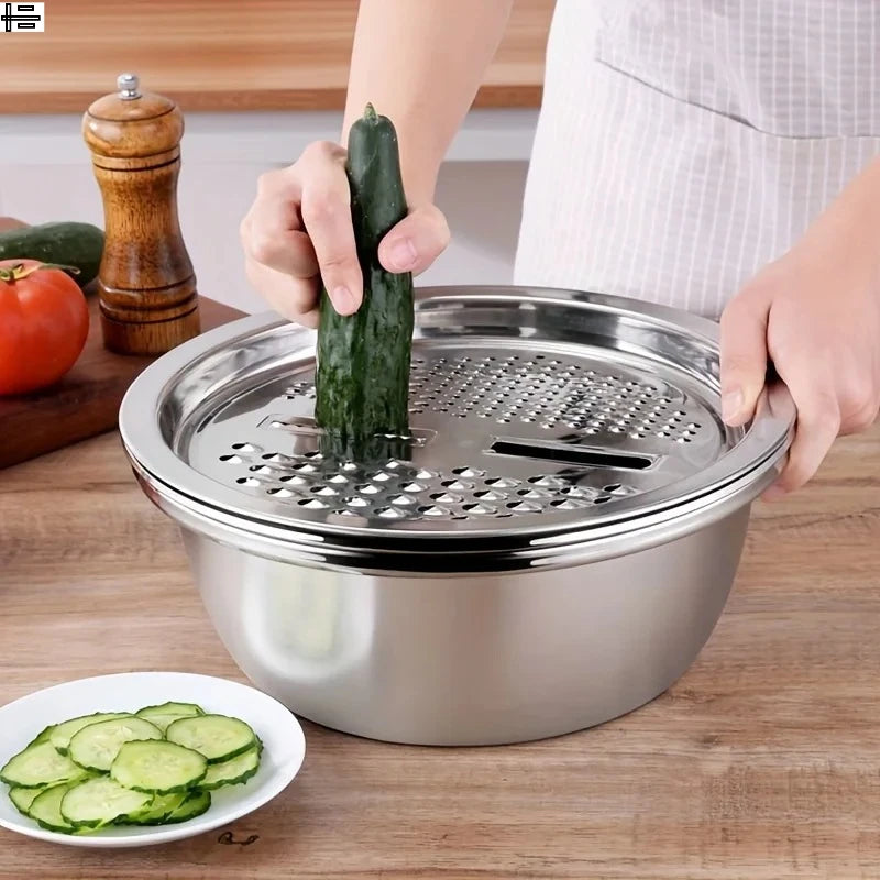3-Piece Stainless Steel Multifunctional Strainer, and Mixing Bowl for Washing and Slicing Fruits, Vegetables