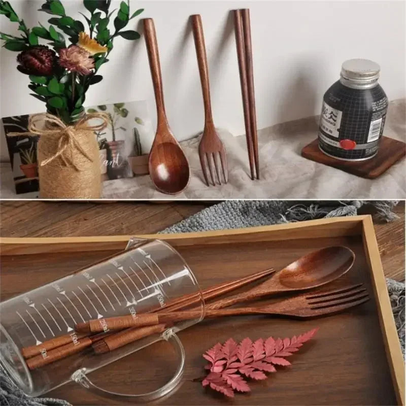 3 Piece Set Stainless Steel Cutlery Wooden Tableware Coffees and Teas Tableware Forks Spoon Korean Plates Dinner Sets Chopsticks