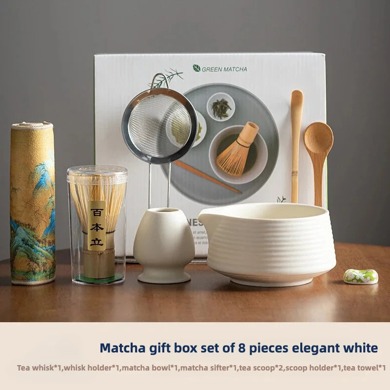 2025 Hot 8PCS Premium Matcha Tea Set Japanese Ceremonial Ceramic Bowl Whisk Gift Set Box Starter Kit Sustainable Eco-Friendly