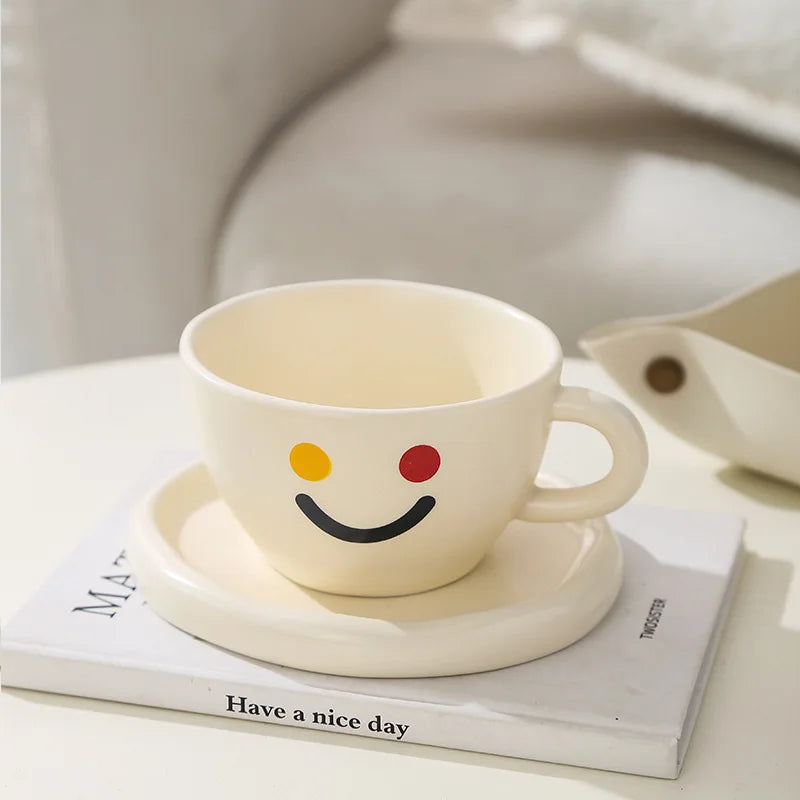 Cute Ceramic Mug for Coffee with Tray Saucer Hand Painted Rainbow Pattern Korean Style Cup for Girls Kids Lovers 250Ml 1 PC