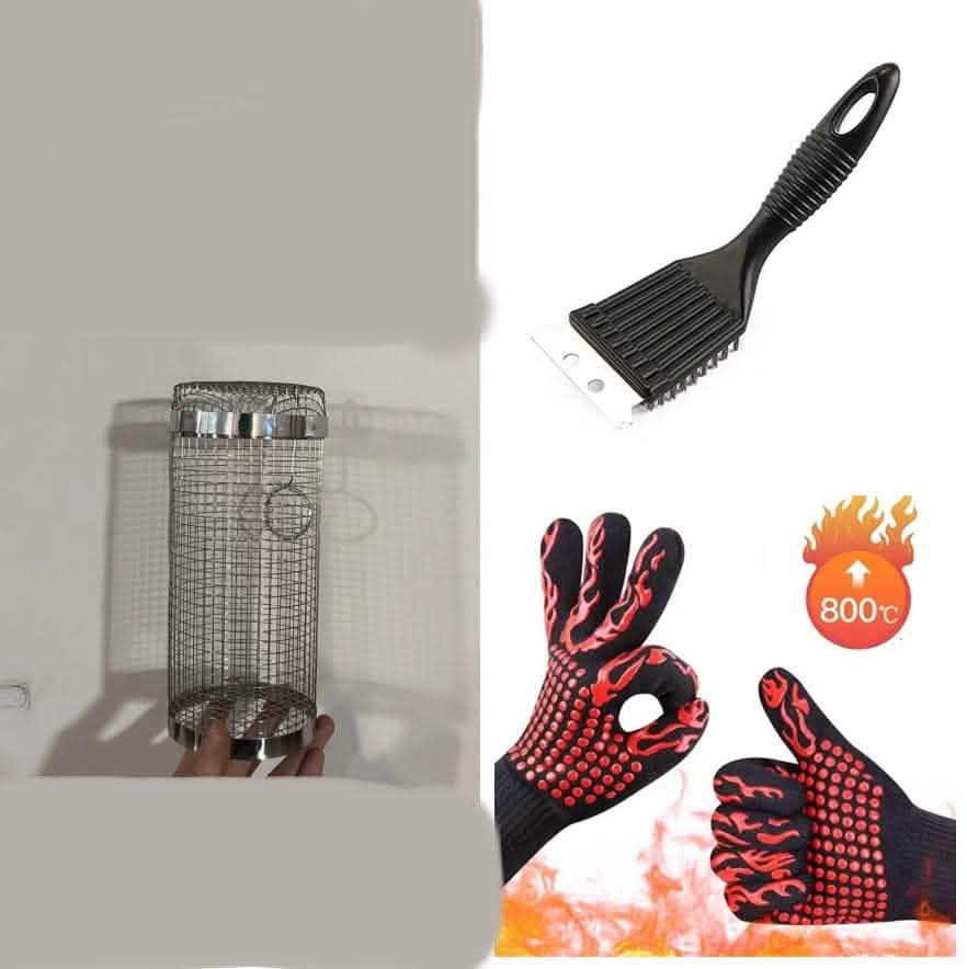 Rolling Grilling Basket - Metal BBQ Barbecue Net Rack - Vezir