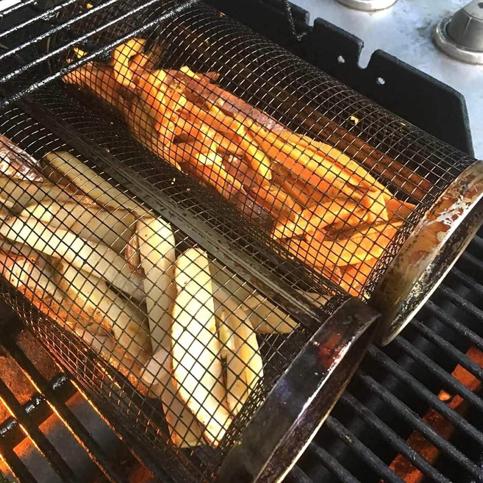 Rolling Grilling Basket - Metal BBQ Barbecue Net Rack - Vezir