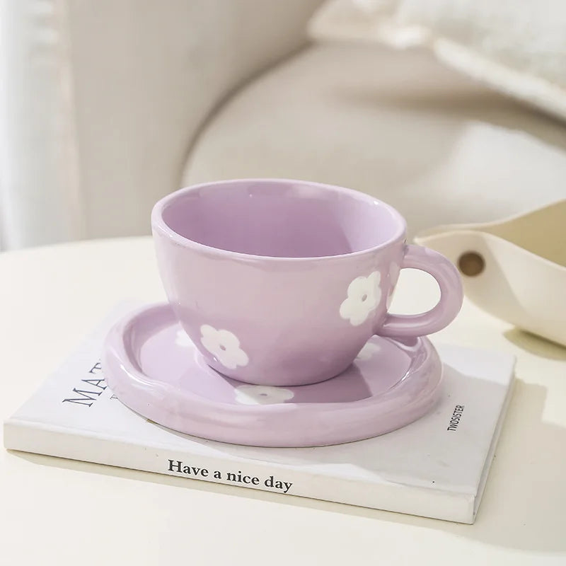 Cute Ceramic Mug for Coffee with Tray Saucer Hand Painted Rainbow Pattern Korean Style Cup for Girls Kids Lovers 250Ml 1 PC