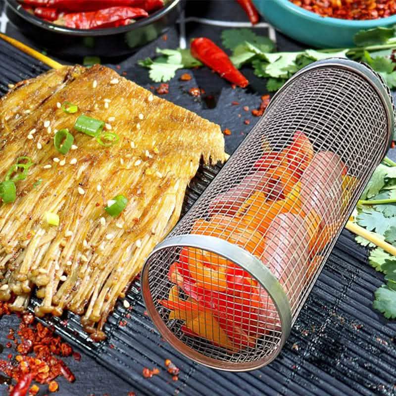 Rolling Grilling Basket - Metal BBQ Barbecue Net Rack - Vezir