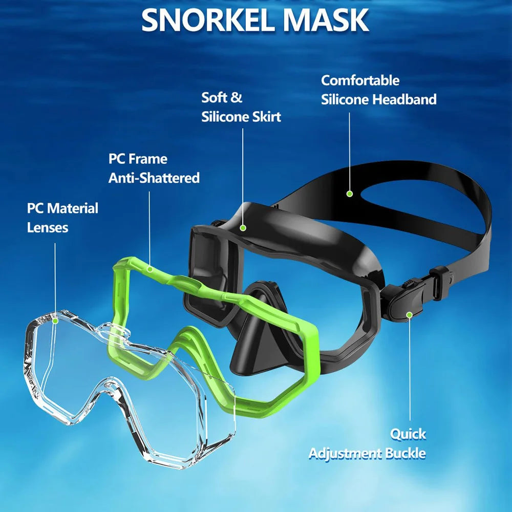 Snorkel Mask 3 Windows Panoramic Wide View HD Three-Lens Adjustable Scuba Snorkeling Swimming Diving for Adults and Kids