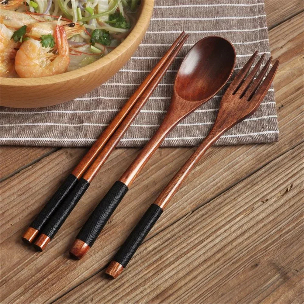 3 Piece Set Stainless Steel Cutlery Wooden Tableware Coffees and Teas Tableware Forks Spoon Korean Plates Dinner Sets Chopsticks