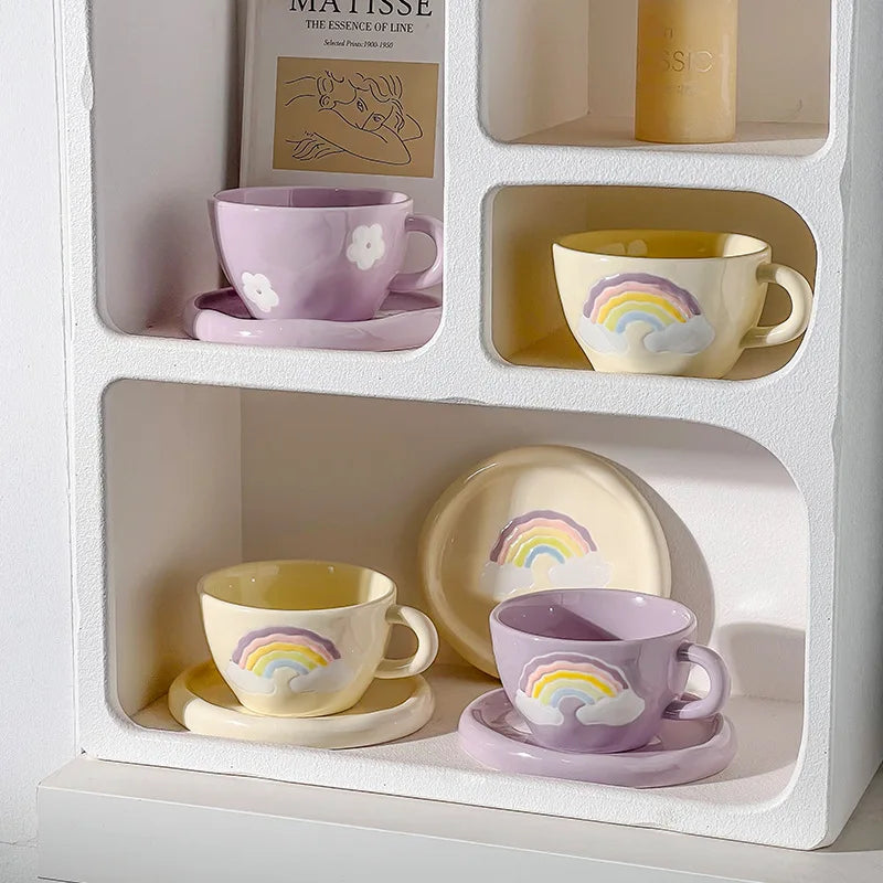 Cute Ceramic Mug for Coffee with Tray Saucer Hand Painted Rainbow Pattern Korean Style Cup for Girls Kids Lovers 250Ml 1 PC