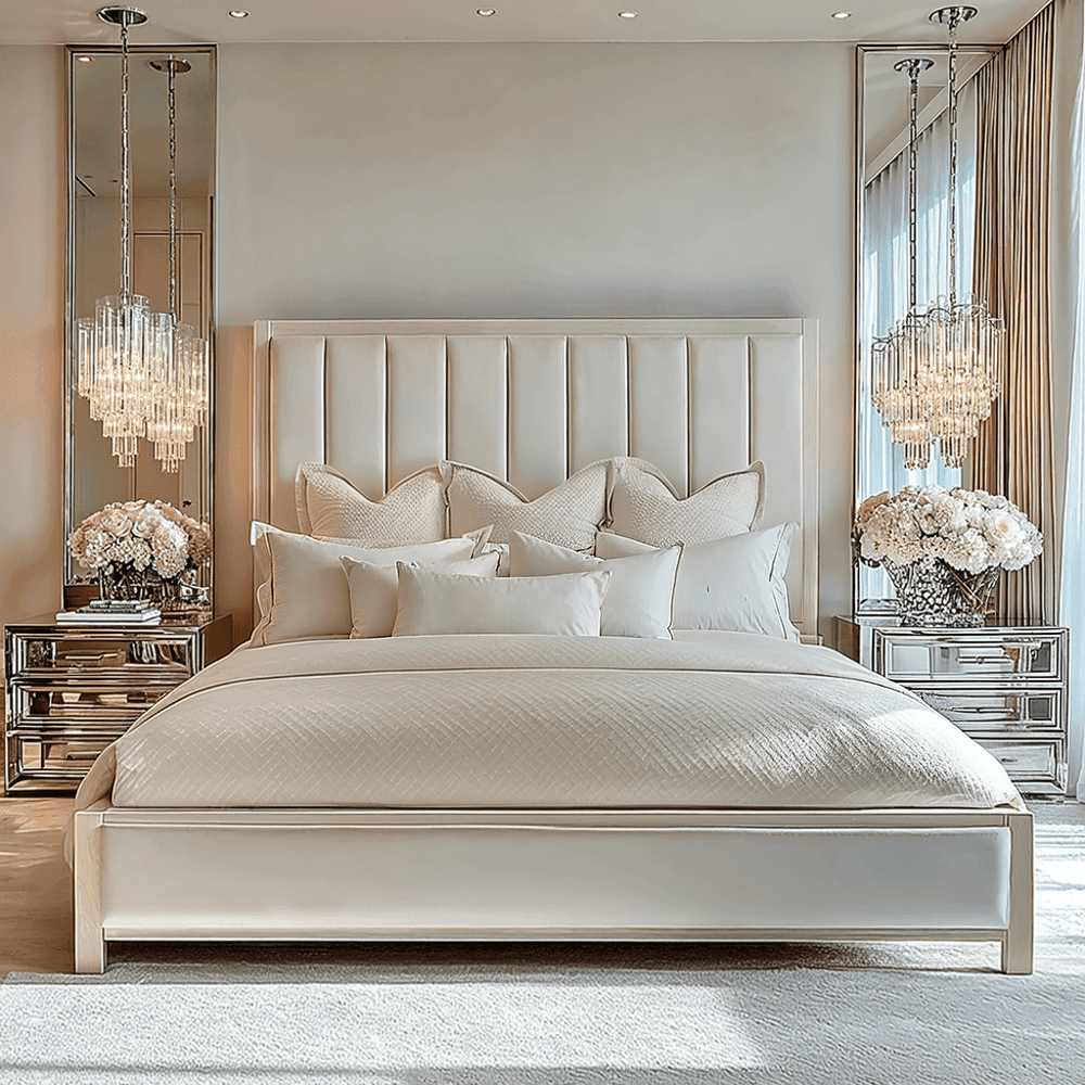 Cream Velvet Bed Frame with Elegant Wood Finish