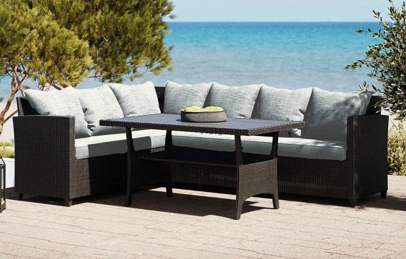 Black Rattan Corner Dining Set - Stockholm 6 Seater